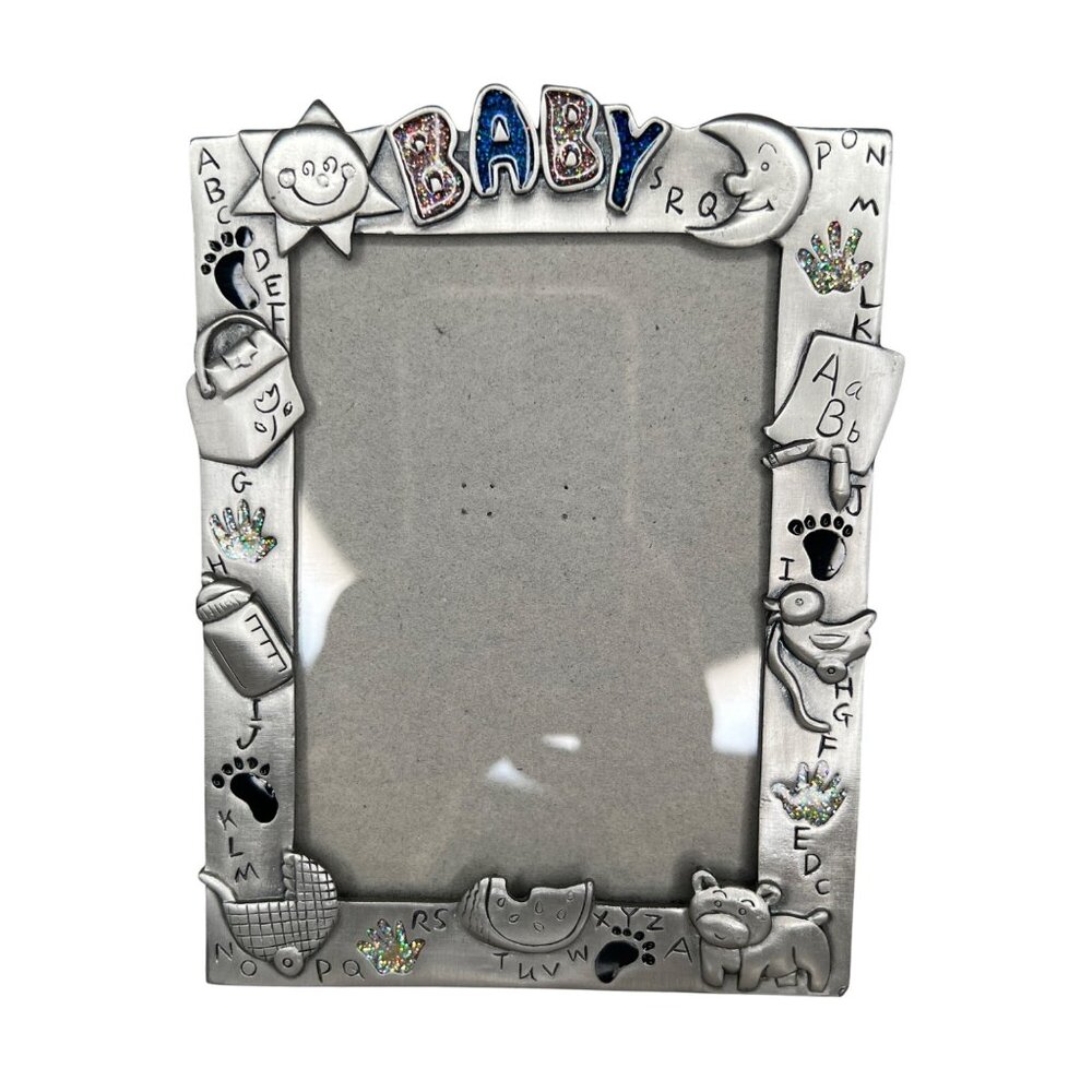 Baby Nursery Picture Frame Pewter Epoxy Desk Top 5”x3.5” Moon Sun Alphabet